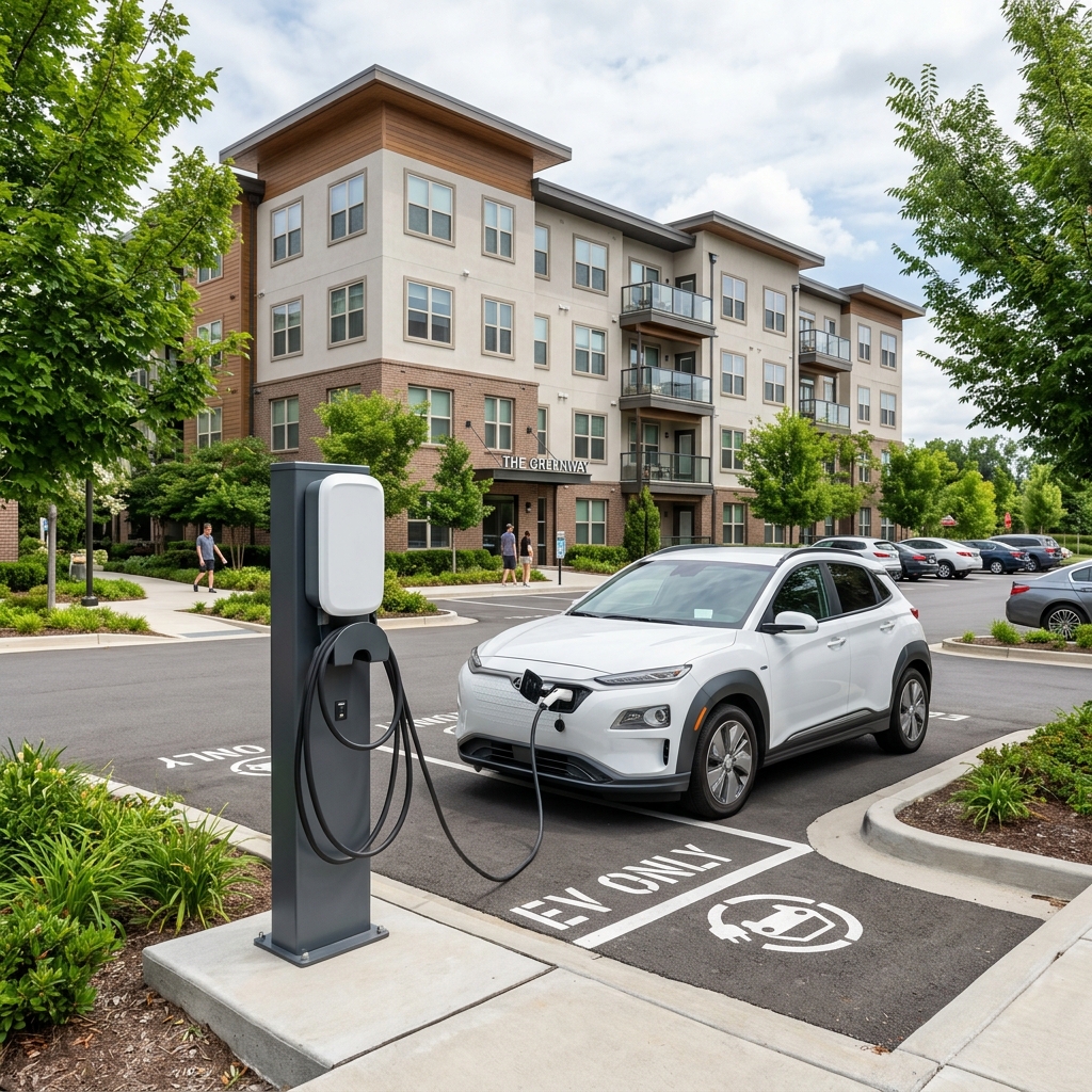 A generic EV charging station pedestal installed next to a parking space at a modern apartment building