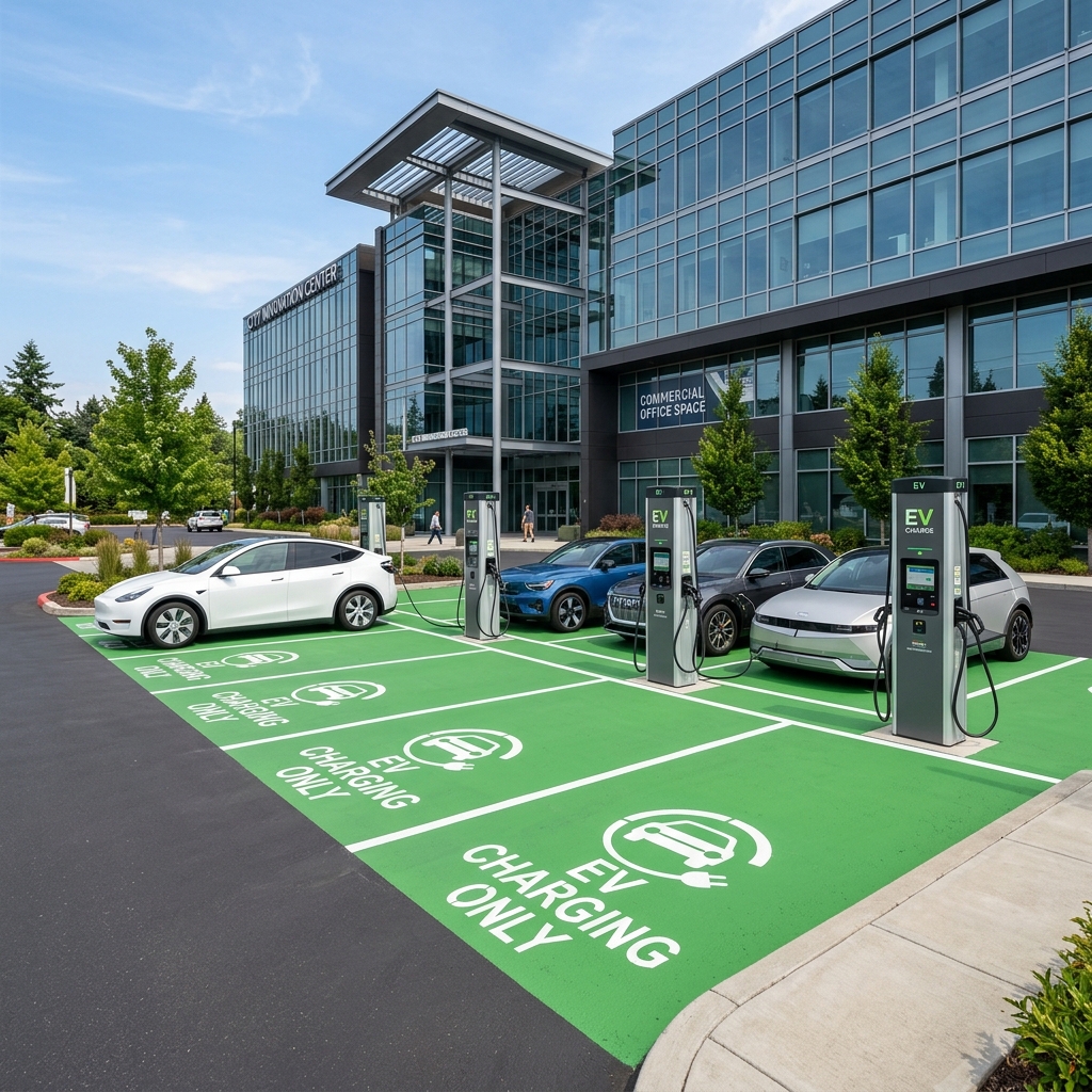 Commercial building parking lot with EV charging spots and green paint markings