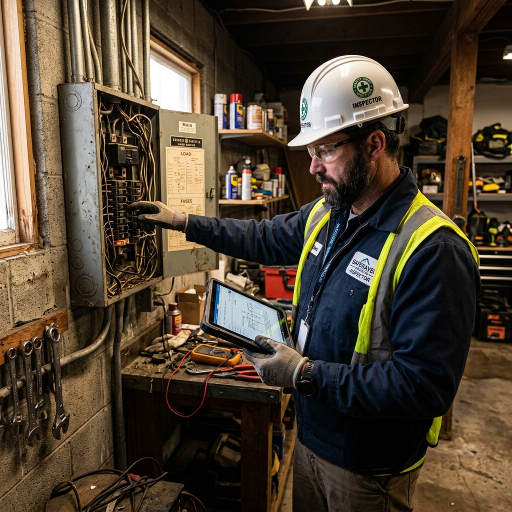 City building inspector evaluating electrical service panel