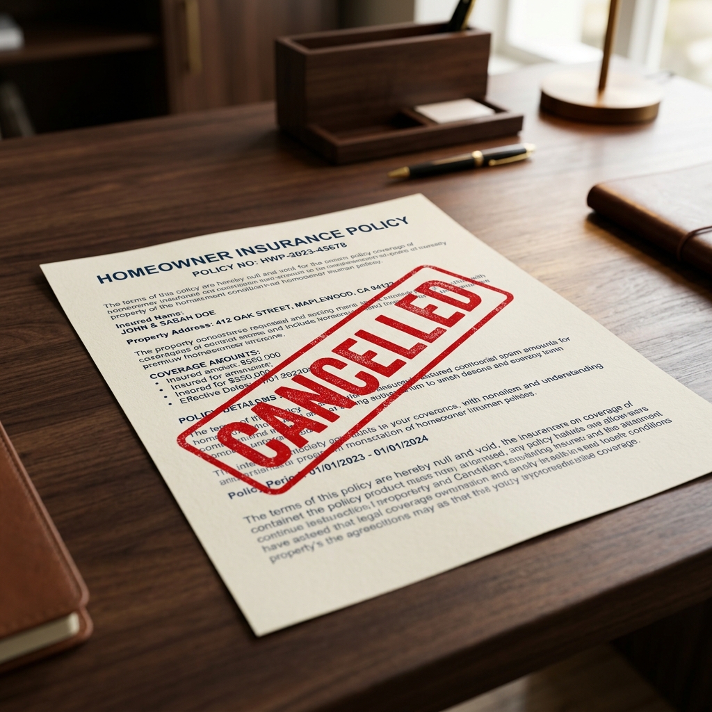 Homeowner's insurance policy document with a red CANCELLED stamp on a desk