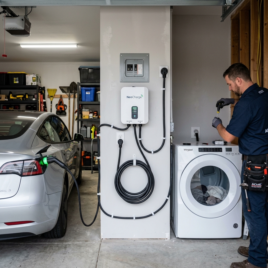 Professional installation of a smart splitter on a drywall in garage next to dryer outlet