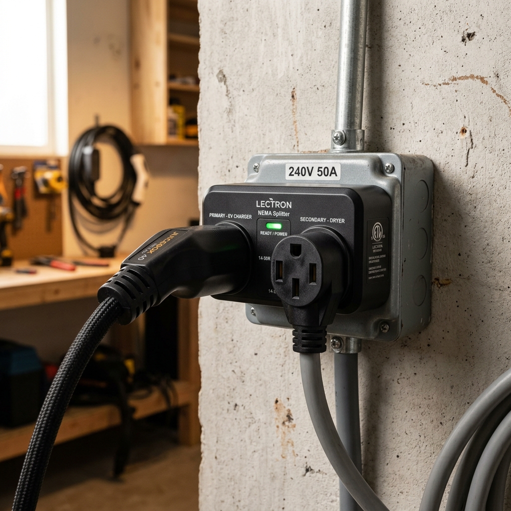 NeoCharge Smart Splitter device plugged into a 240V heavy duty garage outlet