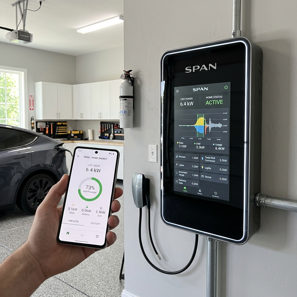SPAN Smart Panel on wall and mobile application dashboard showing home power flow